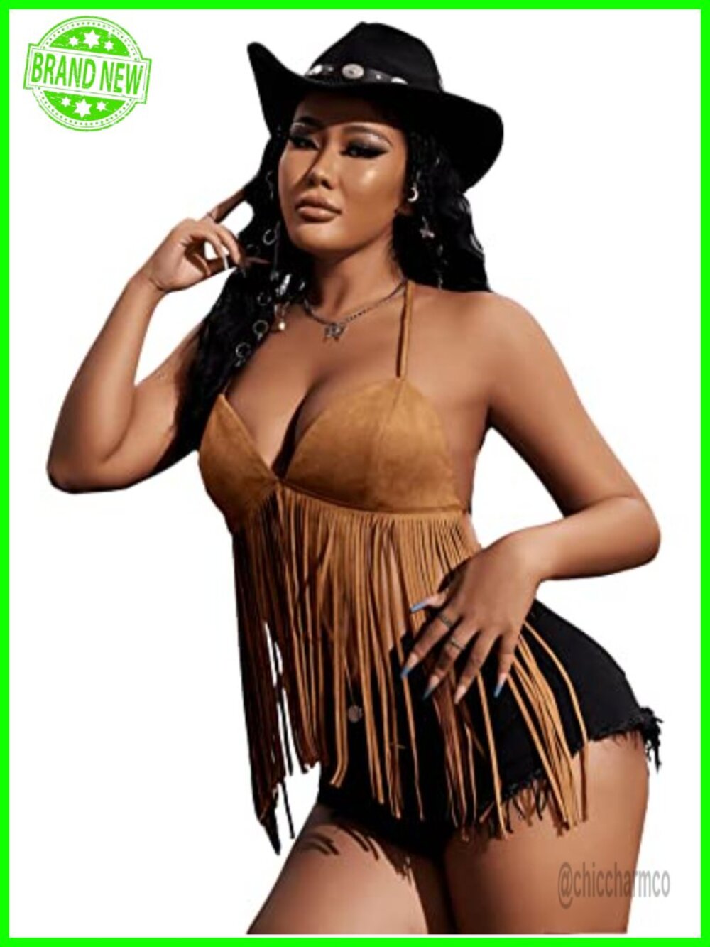 Fringe Halter Top Sleeveless Open Back Tassel Trim Going Out Party - Picture 4 of 5